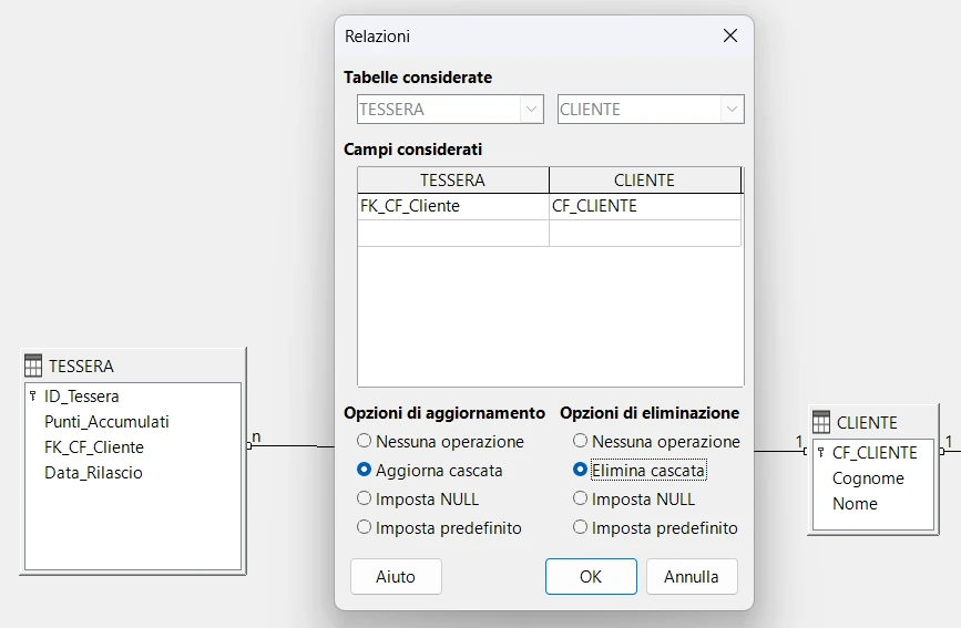 Dialog Relazioni TESSERA–CLIENTE con Elimina cascata